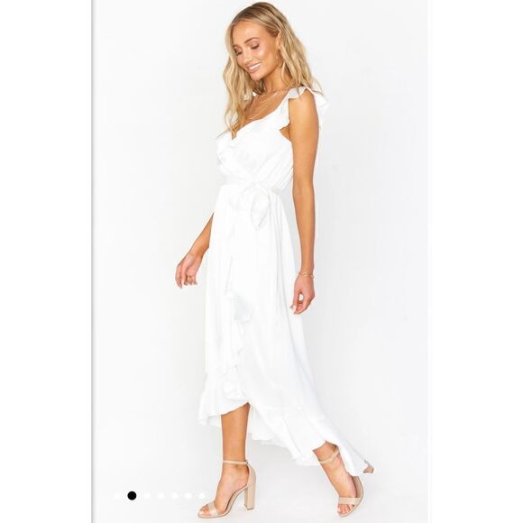 NWOT Show Me Your Mumu Samantha Ruffle Wrap Dress in ivory luxe satin Size S - Picture 2 of 10